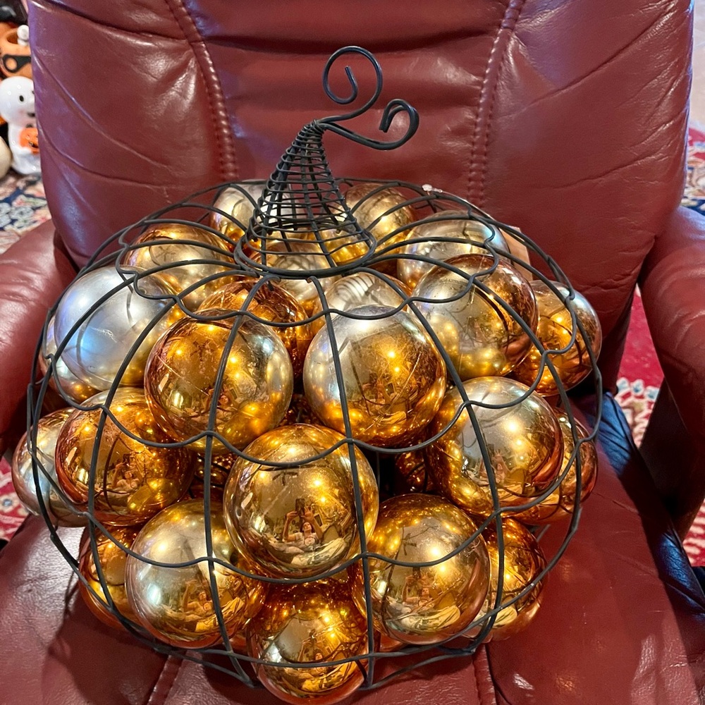 Wire Pumpkin with gold & orange Ornaments